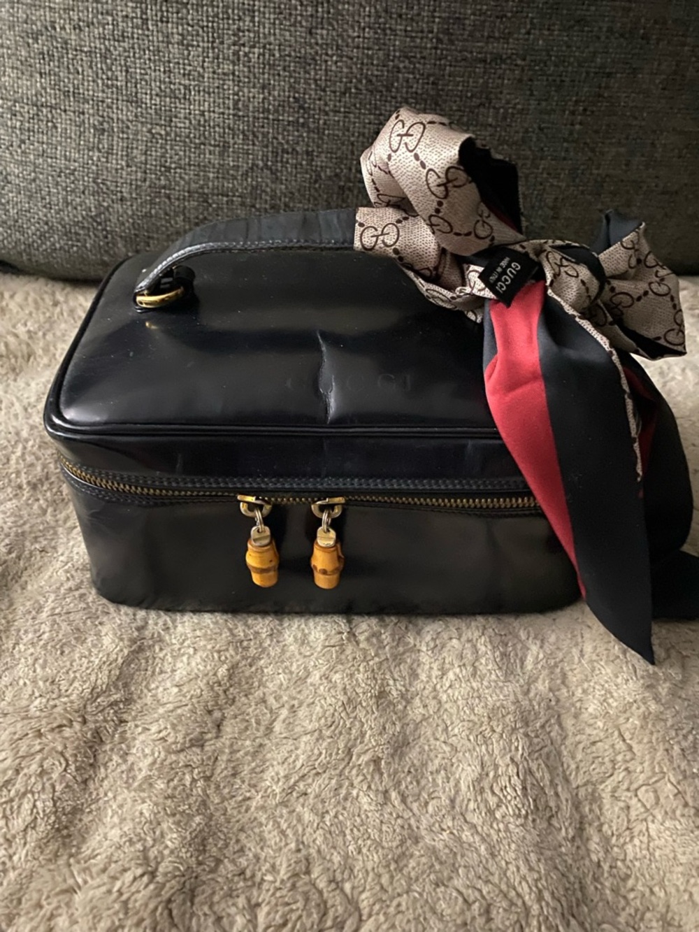 Authentic Vintage Gucci Black Leather Vanity Case with Signature Scarf Tie